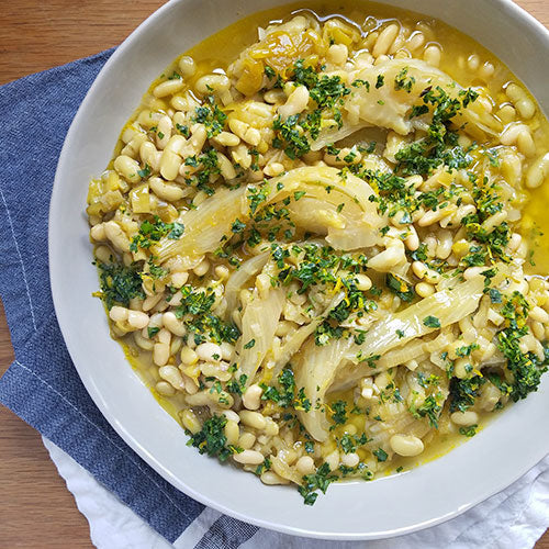 Braised Flageolet Beans with Fennel, Leeks & Herb Gremolata
