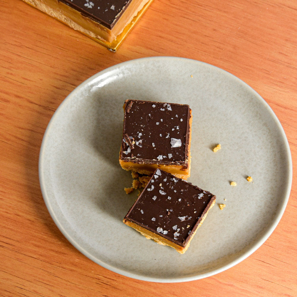 Two square chocolate-topped dessert bars with coarse salt sprinkles, served on a light gray plate on a wooden table. A third bar is partially visible in the upper left corner.