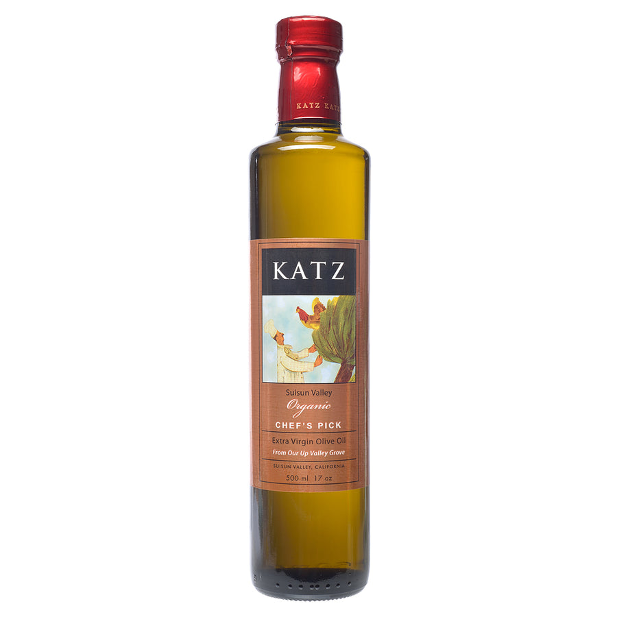 Bottle of Katz olive oil on a white background