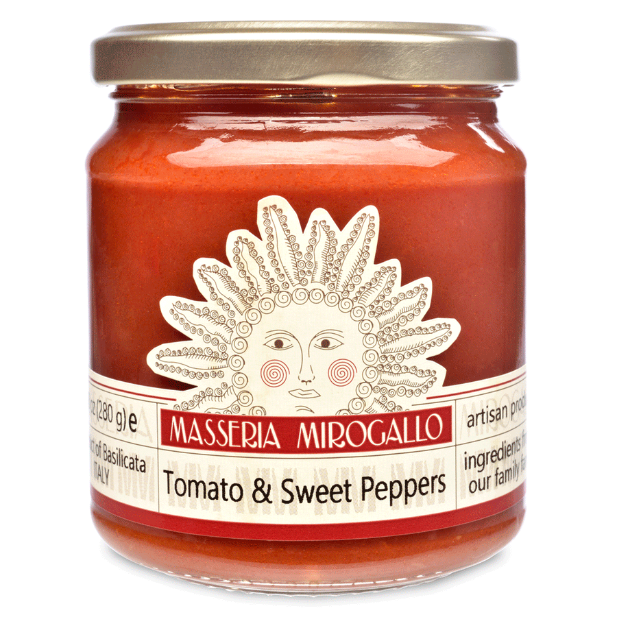 Jar of tomato and sweet peppers sauce