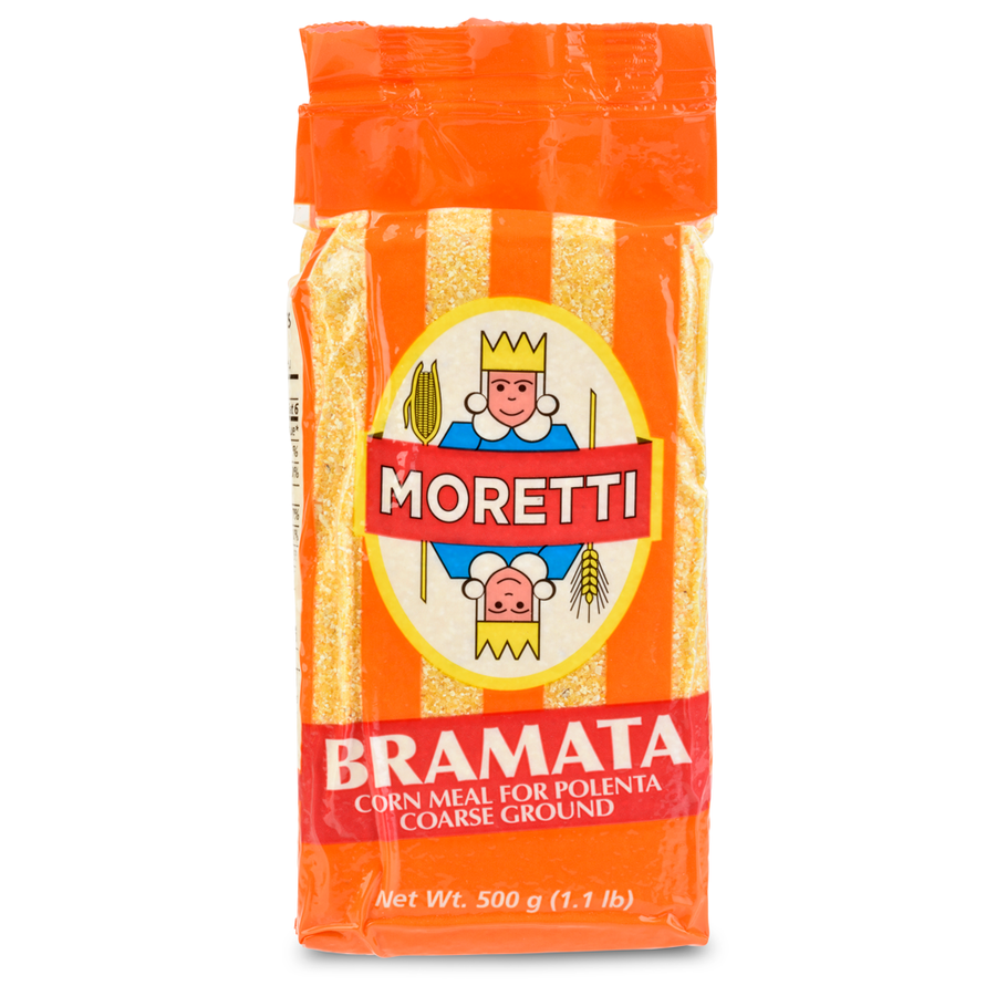 Orange bag of Bramata polenta on a white background