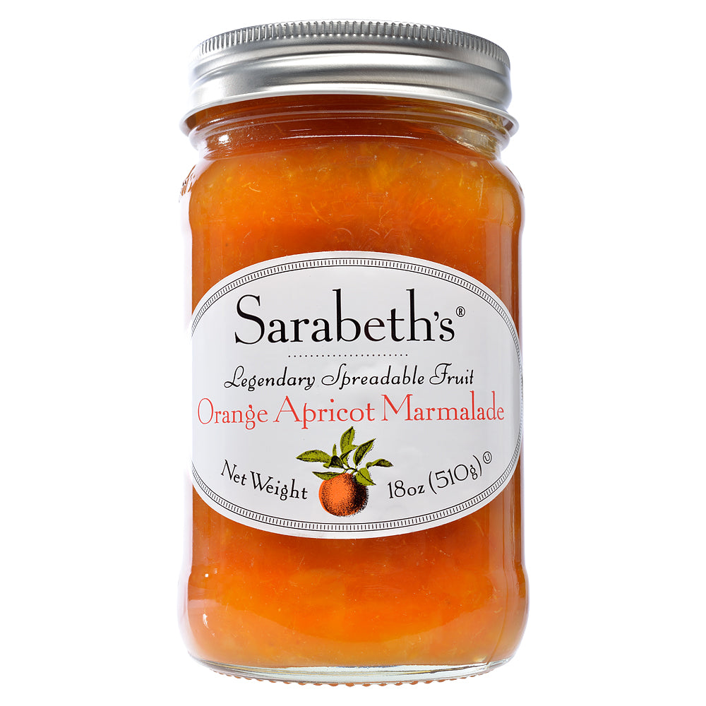 Jar of Sarabeth's Orange Apricot Marmalade on a white background