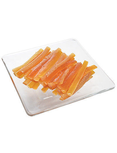 A clear glass plate containing candied orange peel strips.