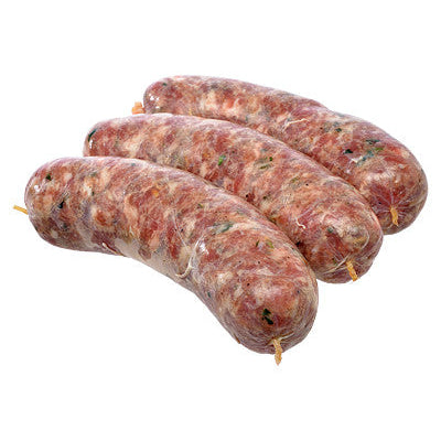 A set of three uncooked Sweet Italian Pork Sausages on a white background.