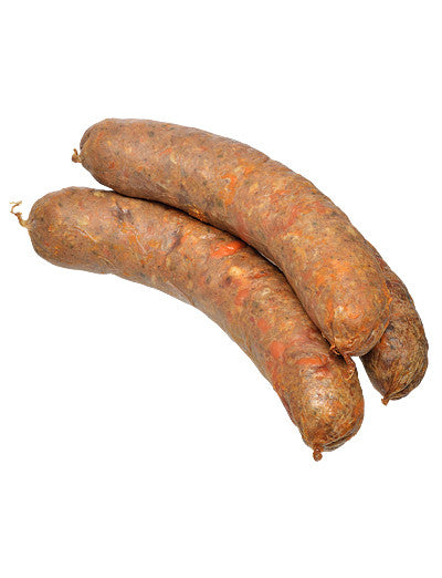 Two housemade chorizo sausages with a brownish-red skin and visible seasoning.